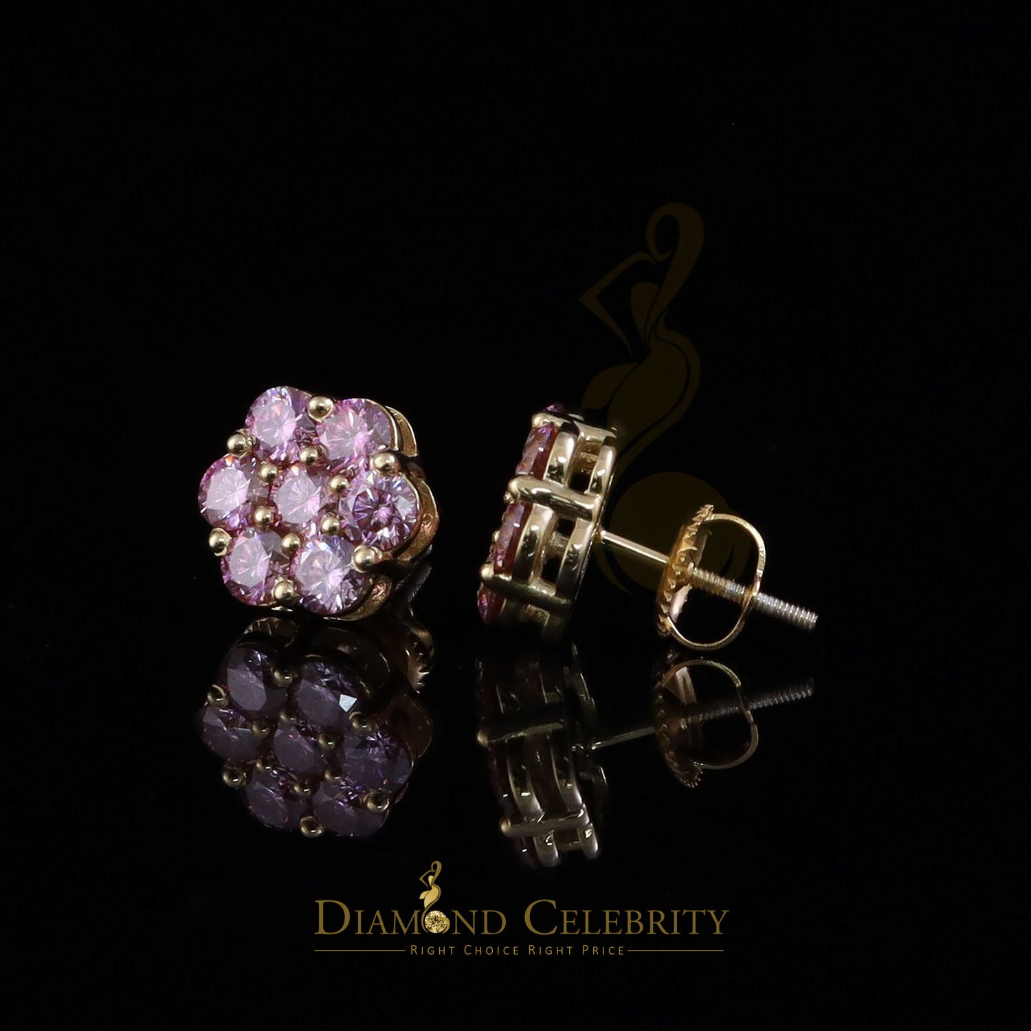 DiamondCelebritees Mens/Women's 925 Silver Yellow 2.25ct VVS D Pink Moissanite Floral Stud Earrings