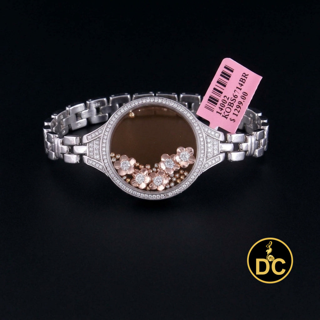 Diamondcelebritees 925 White Sterling Silver Floating Flower Glass / Beads CZ Watch Style Bracelet