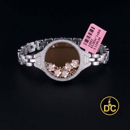Diamondcelebritees 925 White Sterling Silver Floating Flower Glass / Beads CZ Watch Style Bracelet