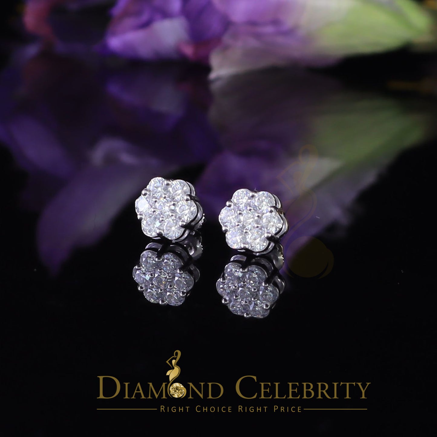 DiamondCelebritees 1.50ct Vvs 'D' Color Genuine Moissanite Stud FLORAL Earrings 10k Real White Gold