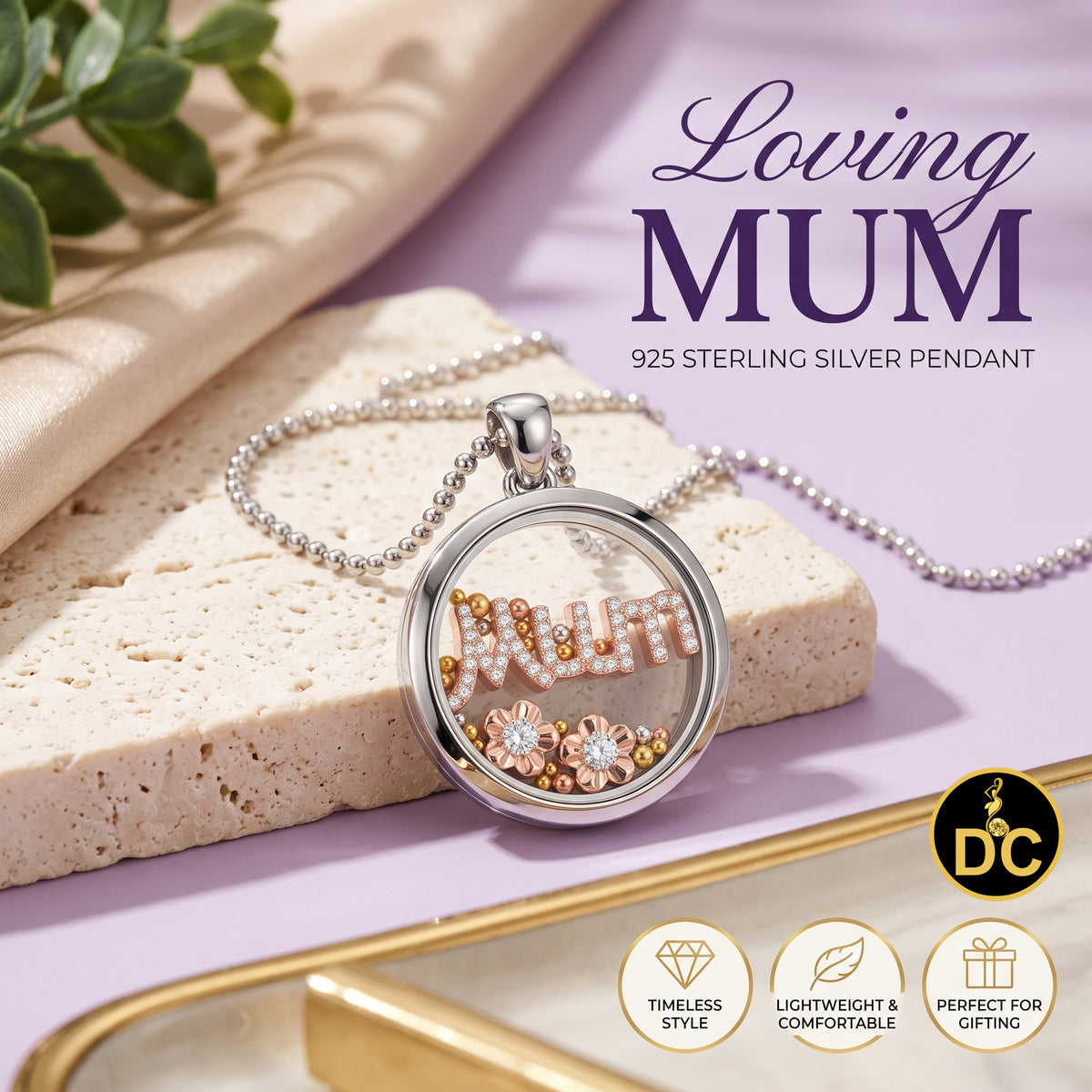 DiamondCelebritees 925 White Sterling Silver Mom Floating flower / beads Charm Glass CZ Pendant