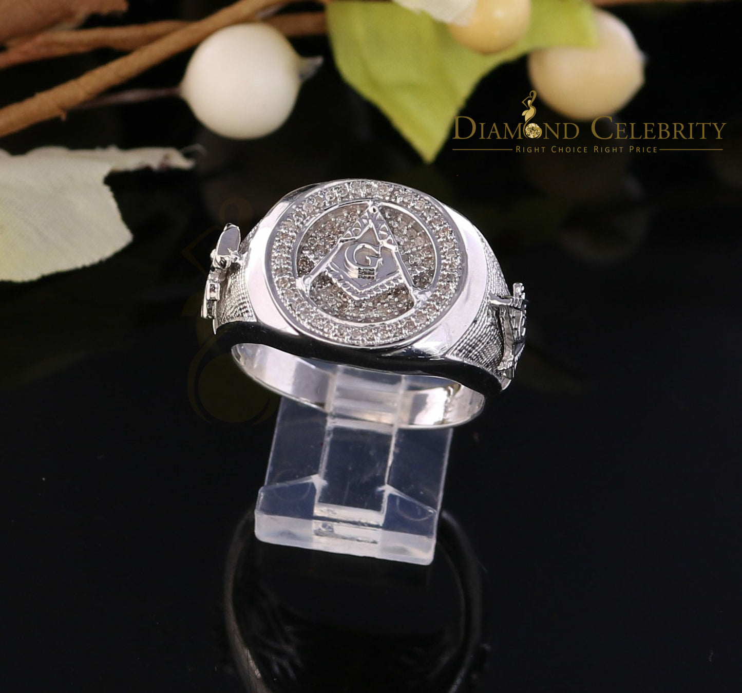 DiamondCelebritees 925 White Silver Masonic 0.50 CT Real Diamond Men's Engagement Big Ring Size 12