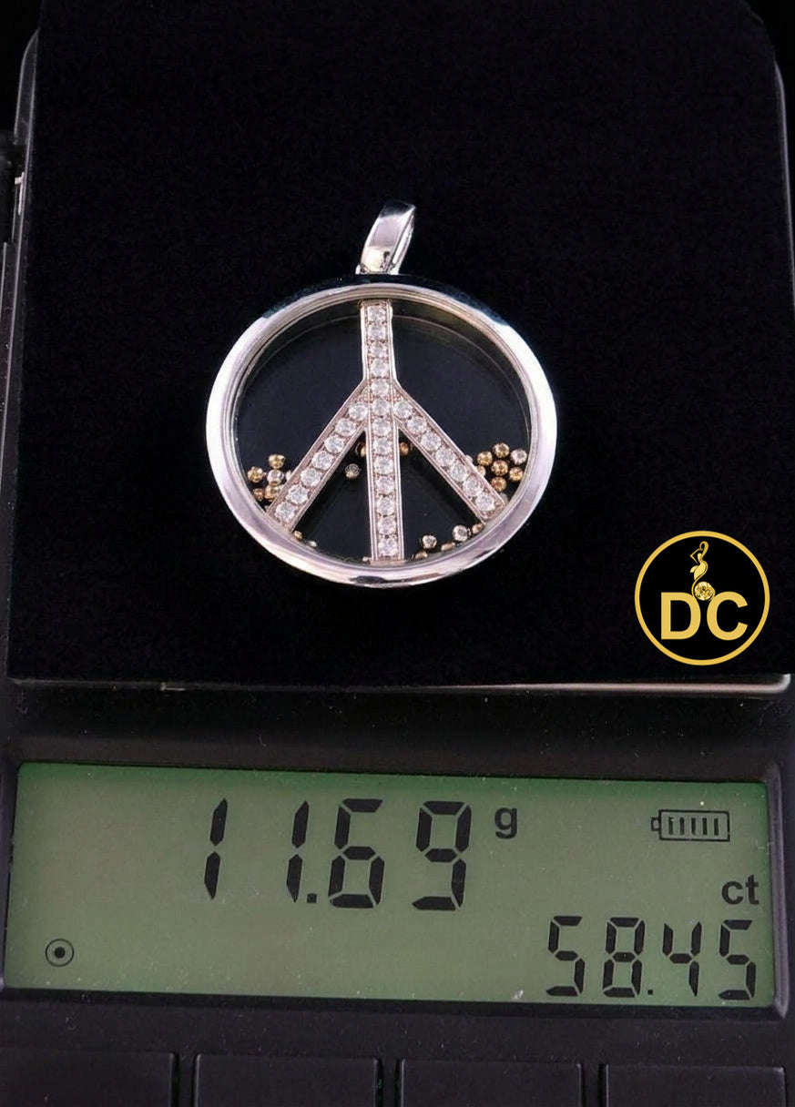 DiamondCelebritees 925 White Sterling Silver Peace Sign Floating Glass 0.25ct Cubic Zircon Pendant