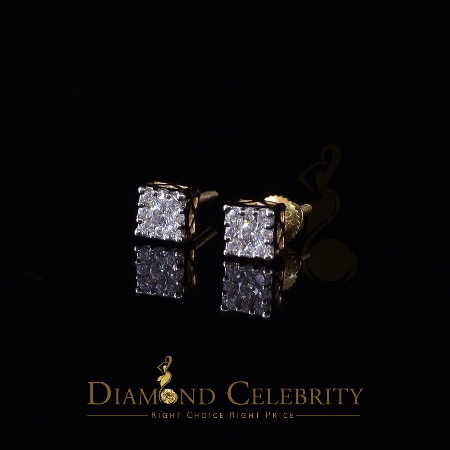 DiamondCelebritees Real Moissanite Stud Square Earrings 10k Real Yellow Gold 0.33ct VVS 'D' Color