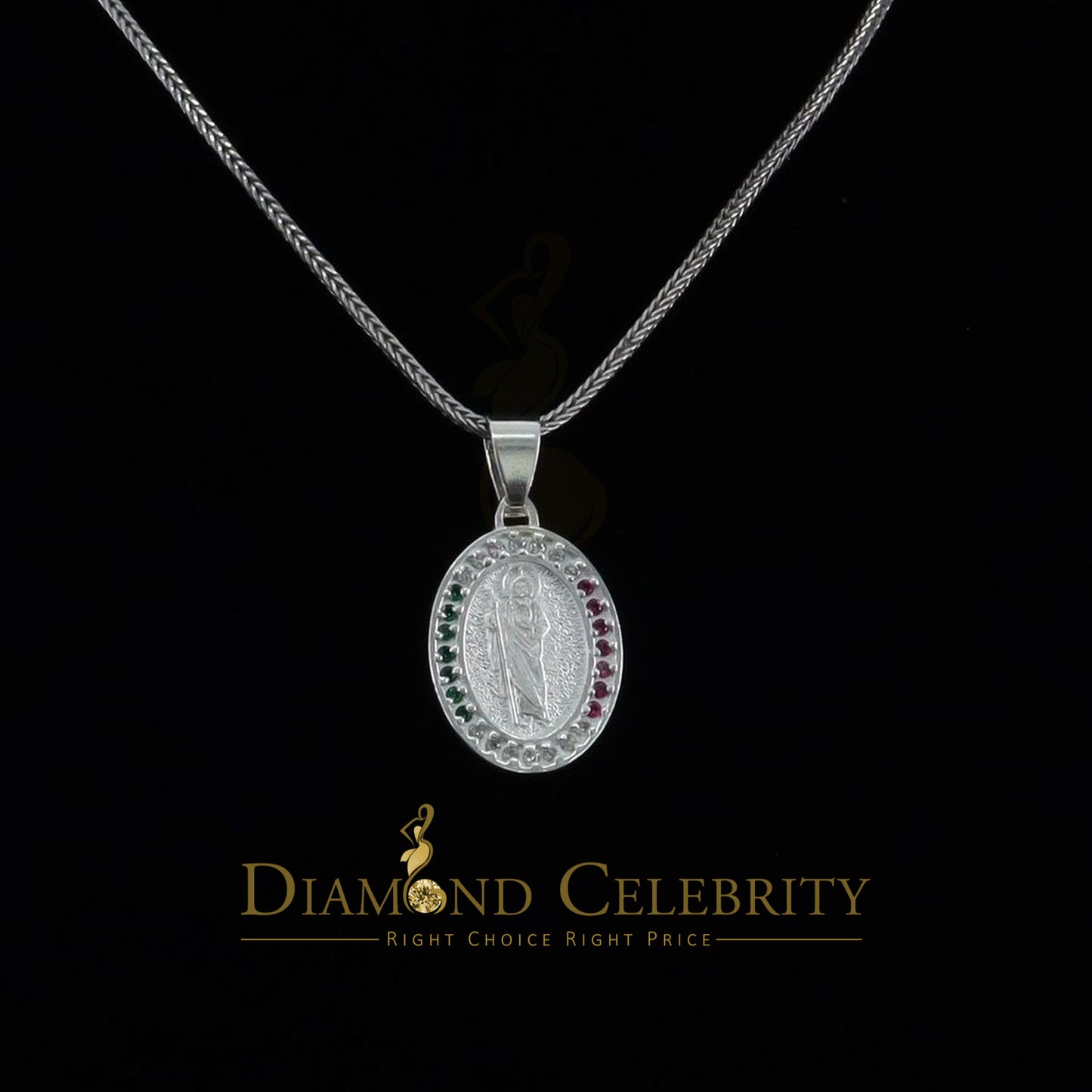 DiamondCelebritees 925 Sterling Silver St.Jude Multi Color CZ Men's/Women's Pendant White Religious