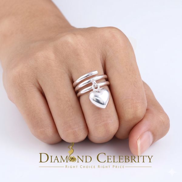 DiamondCelebritees White 925 Sterling Silver Hanging Heart Dangling Adjustable Women's Ring SZ 6.5