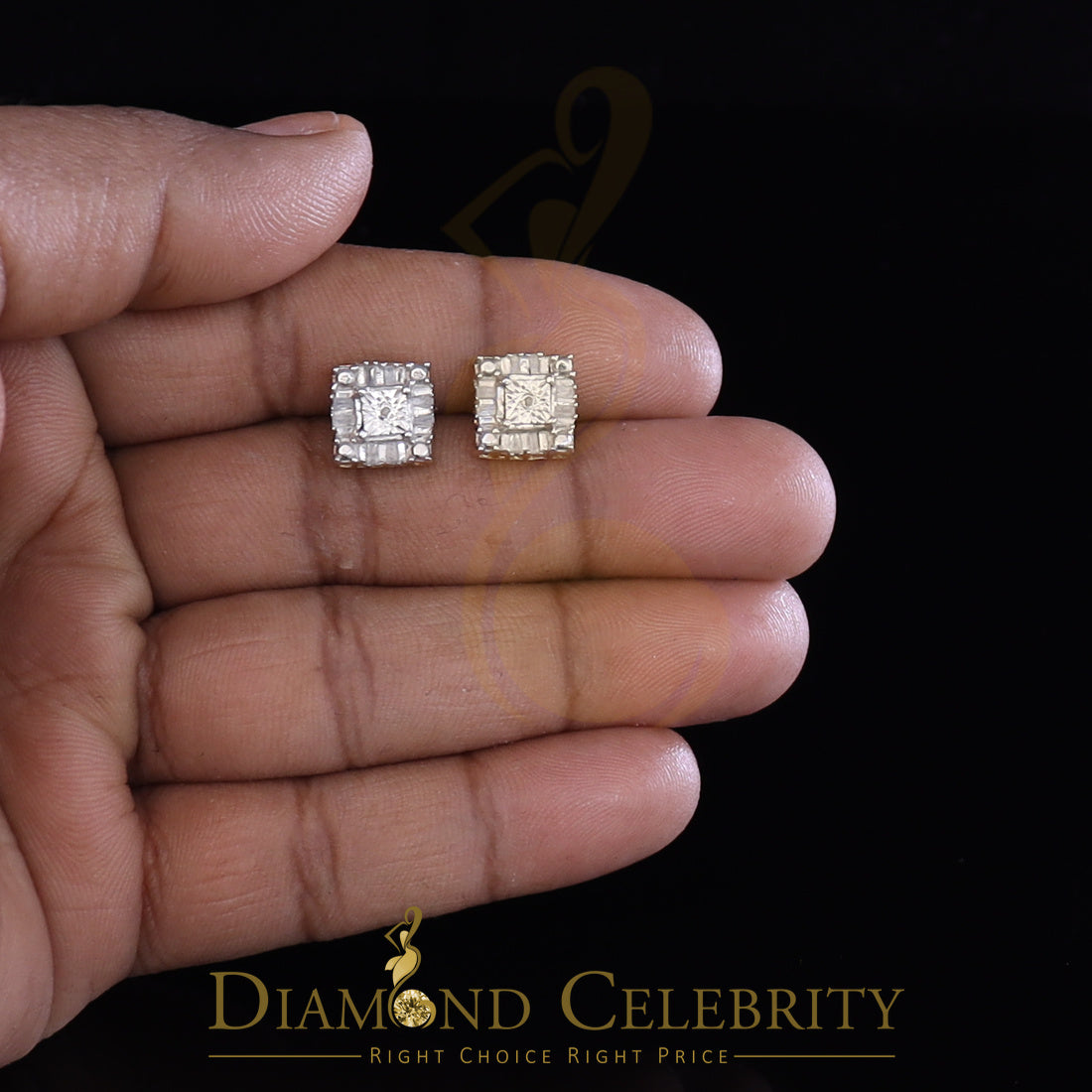 King of Blings-Micro Pave Yellow 925 Silver 0.20ct Real Diamond Men & Women Square Earrings