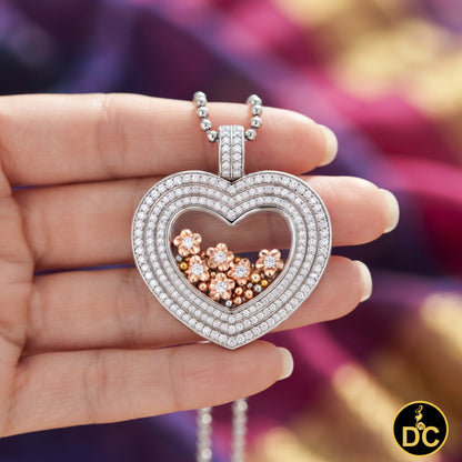 DiamondCelebritees 925 White Silver Heart Floating Flower /Bead in a Glass Cubic Zirconia Pendant
