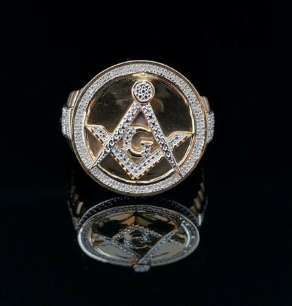 0.25 CT Diamond Men's Silver 925 Yellow Adjustable Masonic Ring From SZ 10 to 12