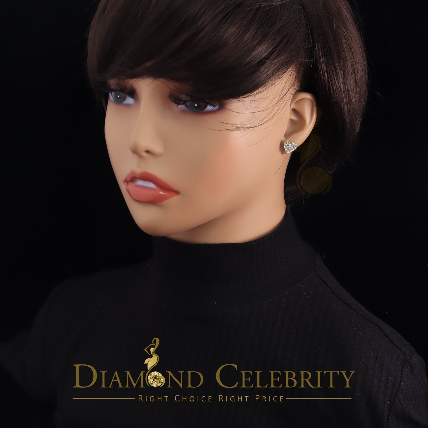 DiamondCelebritees Real 10K Yellow Gold Heart Round Stud 8.58mm Earrings with Real 0.25CT Diamonds