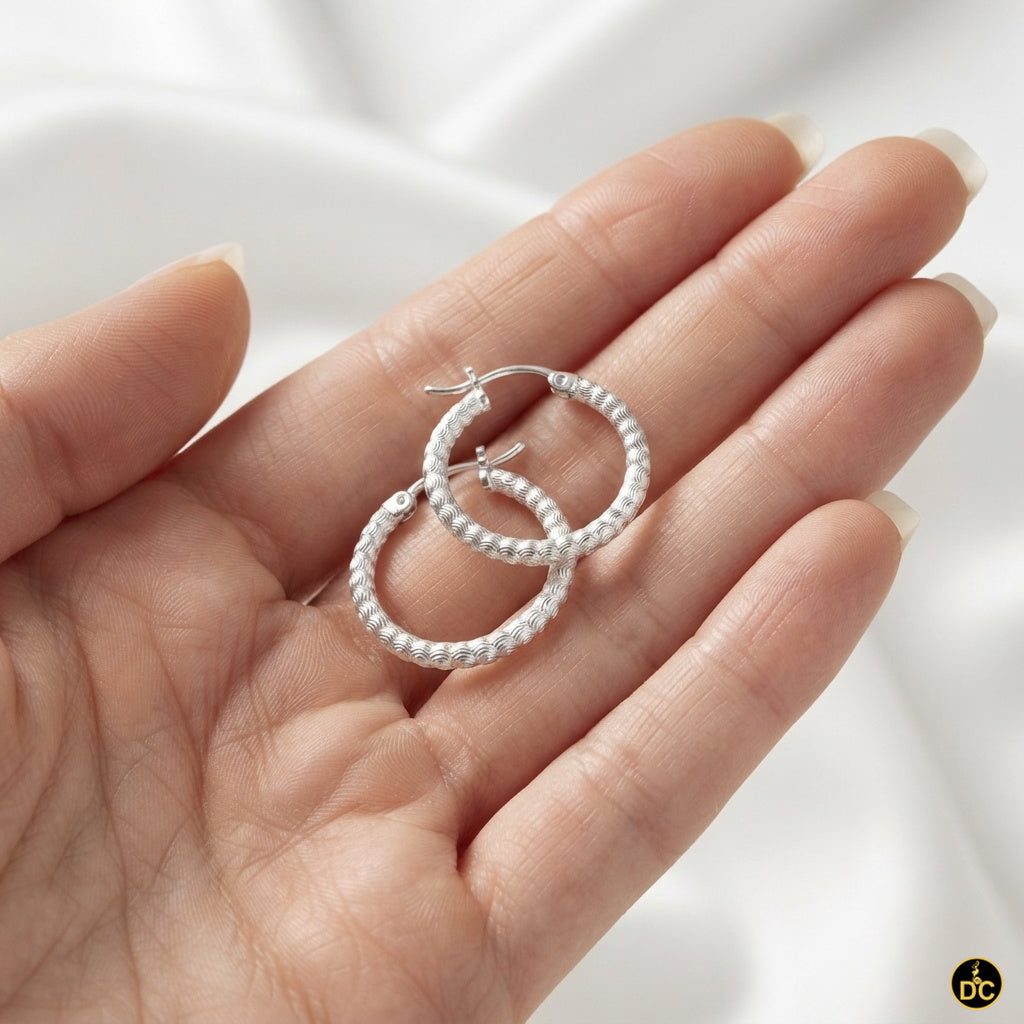 925 Silver Snake Chain Pattern Ribbed Textured Diamond Cut 19mm Hoop Earrings