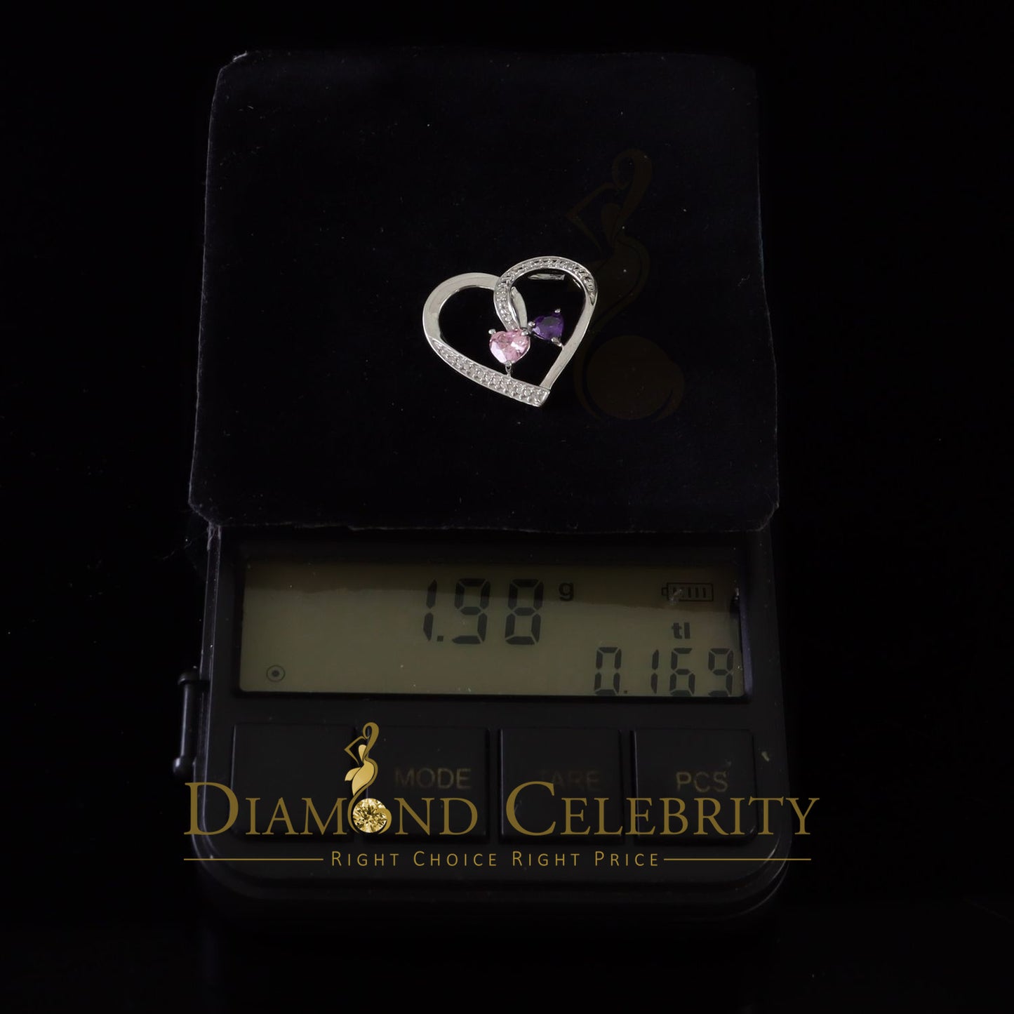 DiamondCelebritees  Two Stones Pink Blue Heart Solitaire 0.1ct Silver Diamonds White Charm Pendant