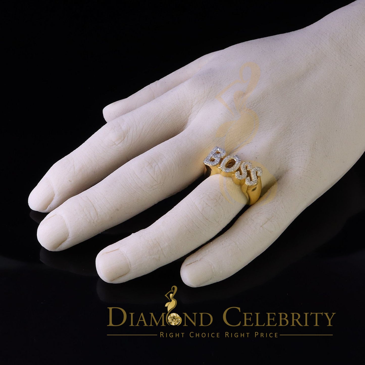 DiamondCelebritees Stylish "BOSS" 925 Silver Yellow 0.50ct Micro Real Diamond Men's Band Ring SZ 8