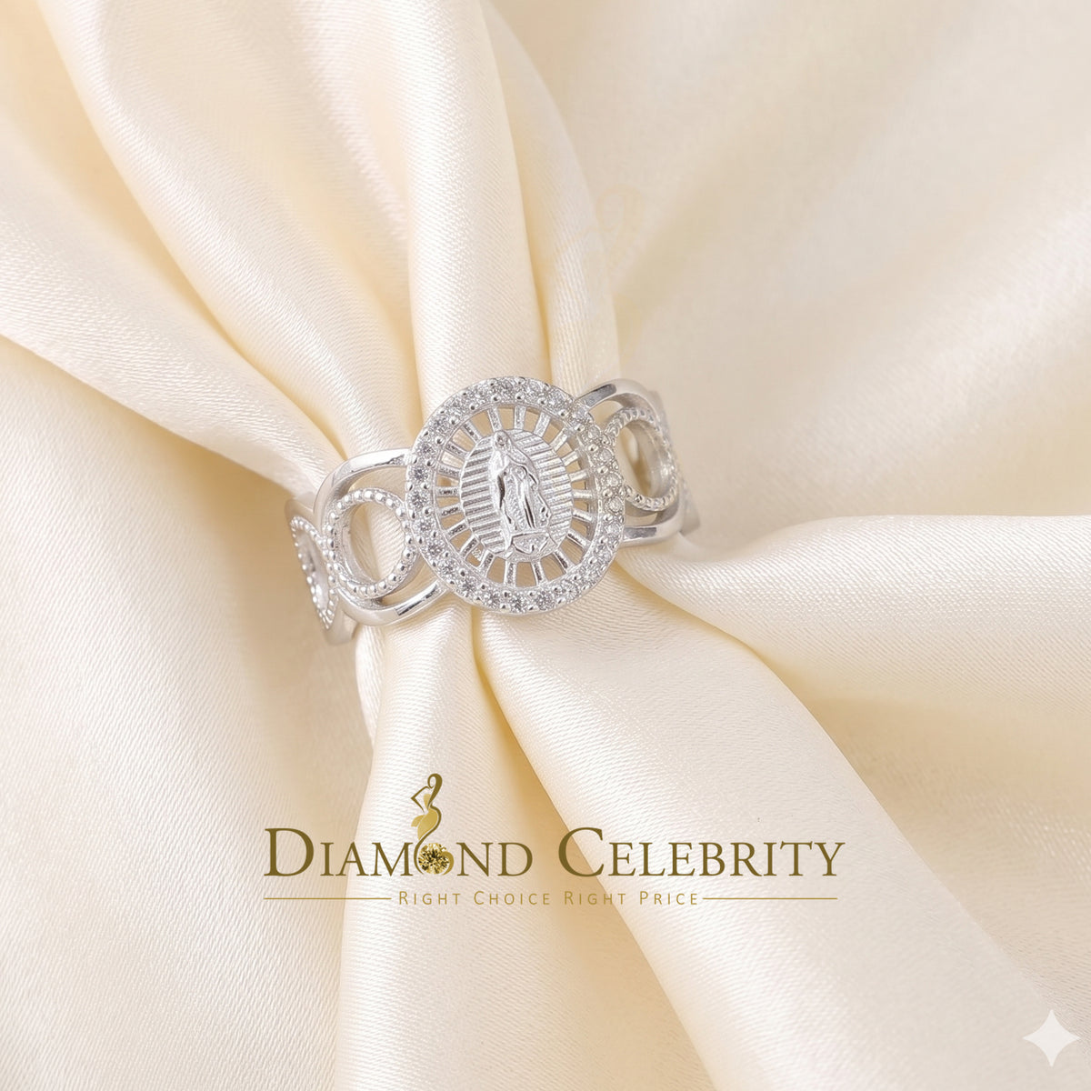 DiamondCelebritees Our Lady Guadalupe White CZ 925 Silver Virgin Merry in Aura Women's Ring SZ 10