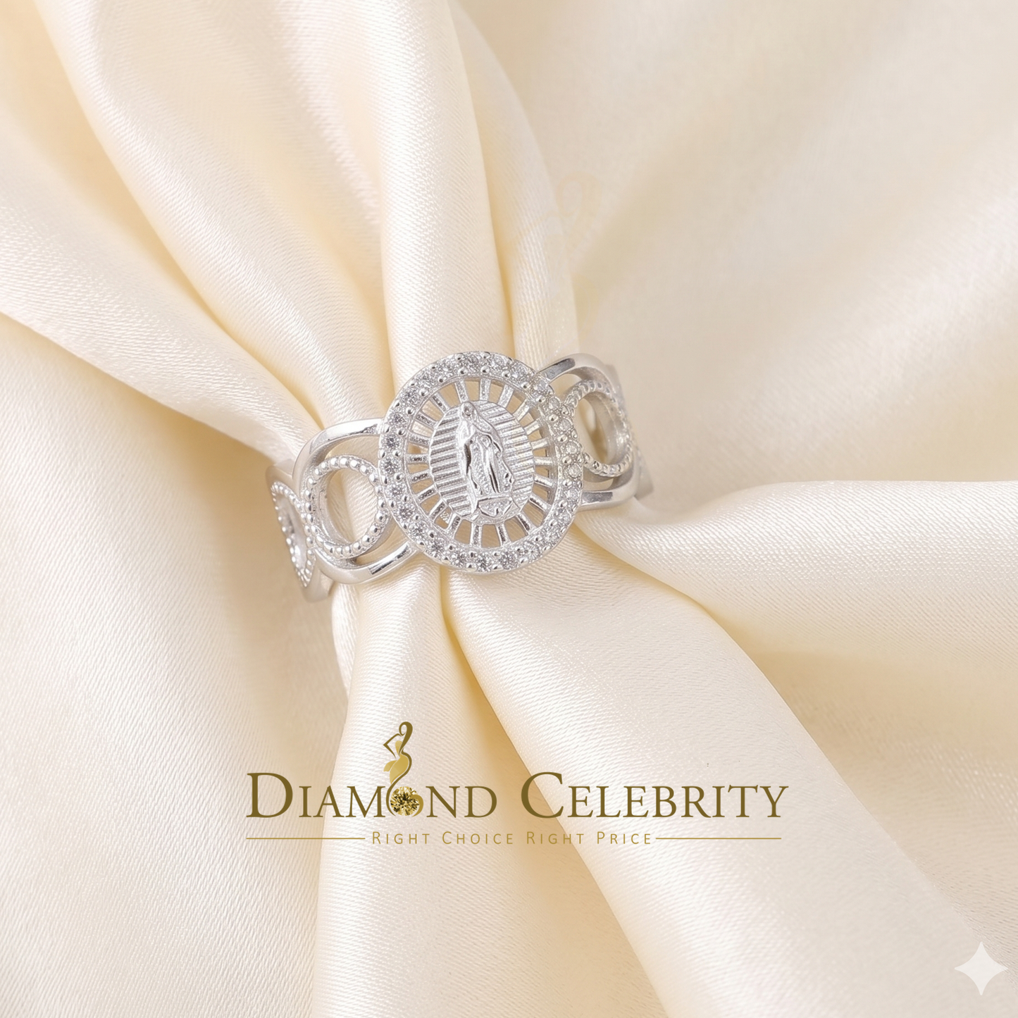 DiamondCelebritees Our Lady Guadalupe White CZ 925 Silver Virgin Merry in Aura Women's Ring SZ 10