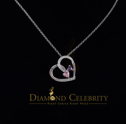 DiamondCelebritees  Two Stones Pink Blue Heart Solitaire 0.1ct Silver Diamonds White Charm Pendant