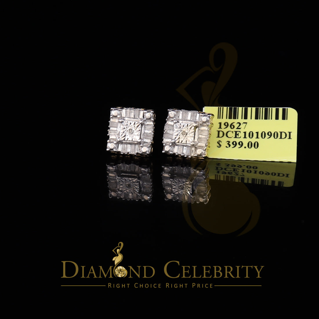 King of Blings-Micro Pave Yellow 925 Silver 0.20ct Real Diamond Men & Women Square Earrings
