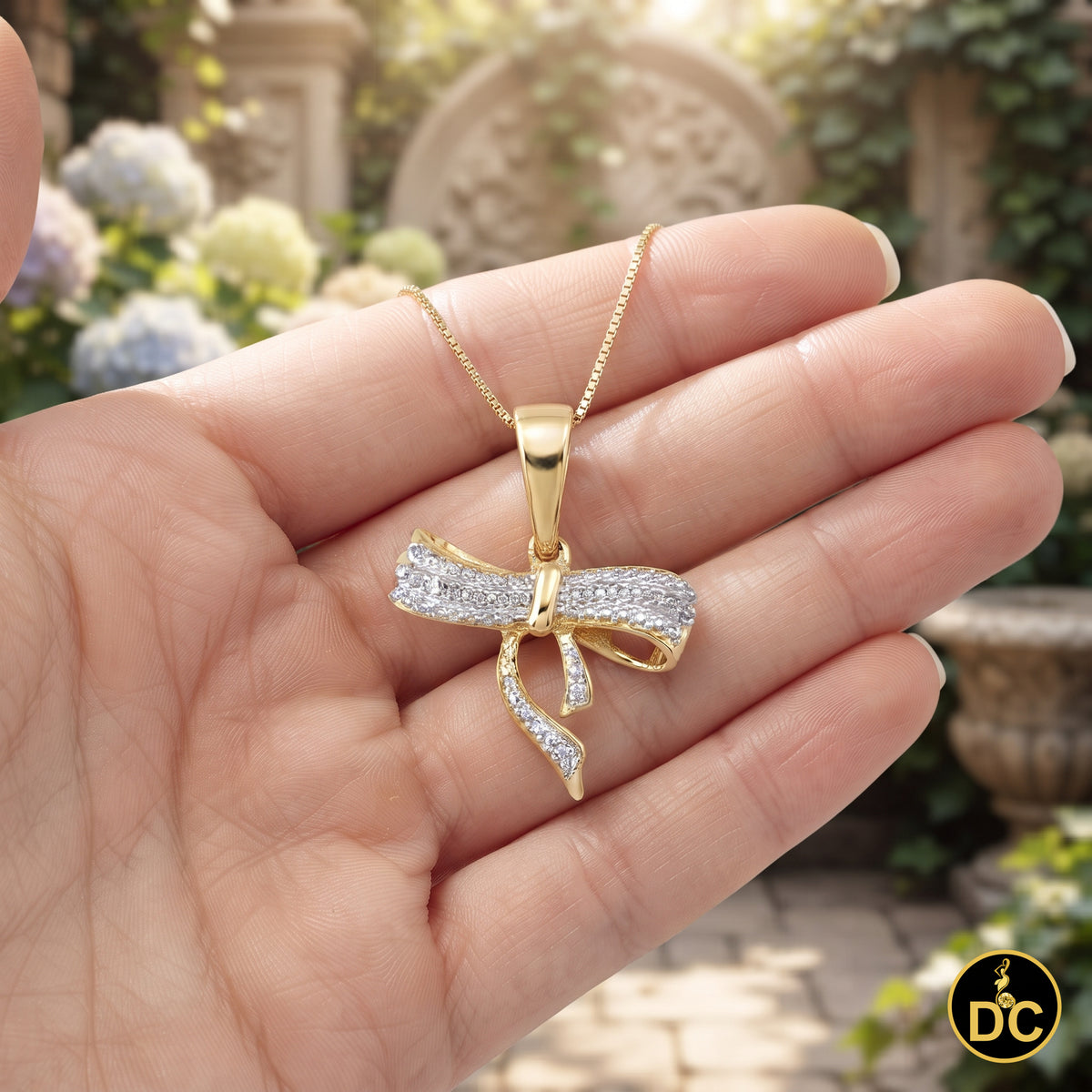 DiamondCelebritees  925 Sterling Silver Real 0.05CT Diamond Ribbon Bow Yellow 18mm Necklace Pendant