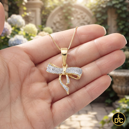 DiamondCelebritees  925 Sterling Silver Real 0.05CT Diamond Ribbon Bow Yellow 18mm Necklace Pendant