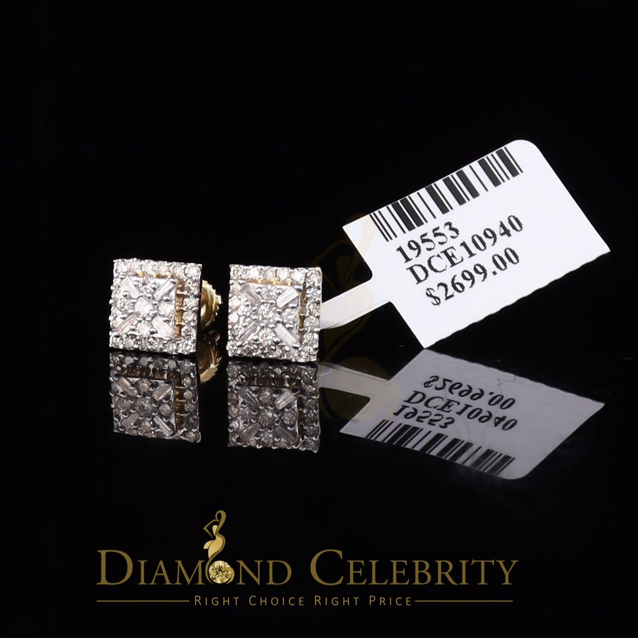 DiamondCelebritees 0.75 CT Real Diamond with 10K Real Yellow Gold Square Stud Earrings