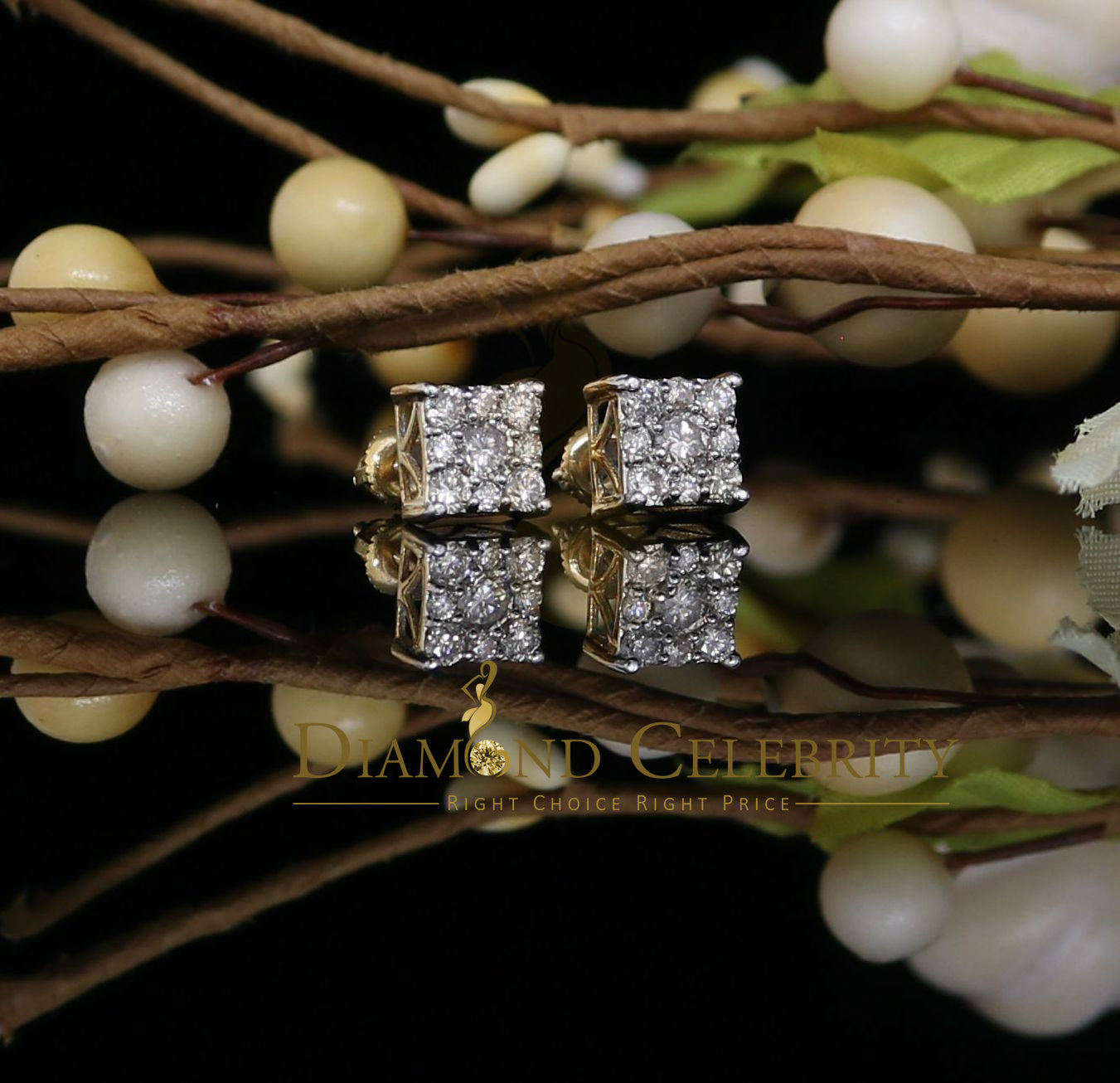 DiamondCelebritees 10K Real Yellow Gold Real Diamond 0.75CT Men's/Women's Stud Square Earring