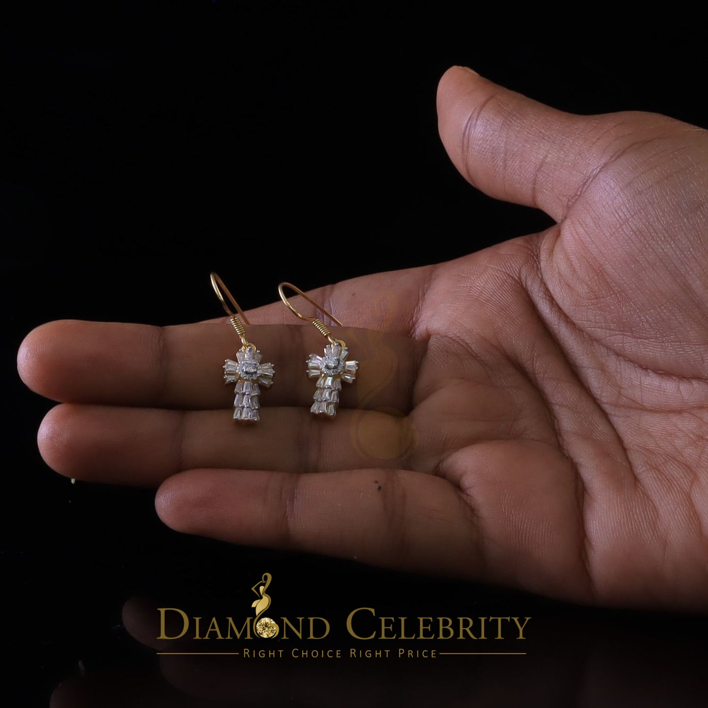 DiamondCelebritees 1.00ct Moissanite Yellow 925 Silver Women's Dangling Cross Fish Hook Earrings