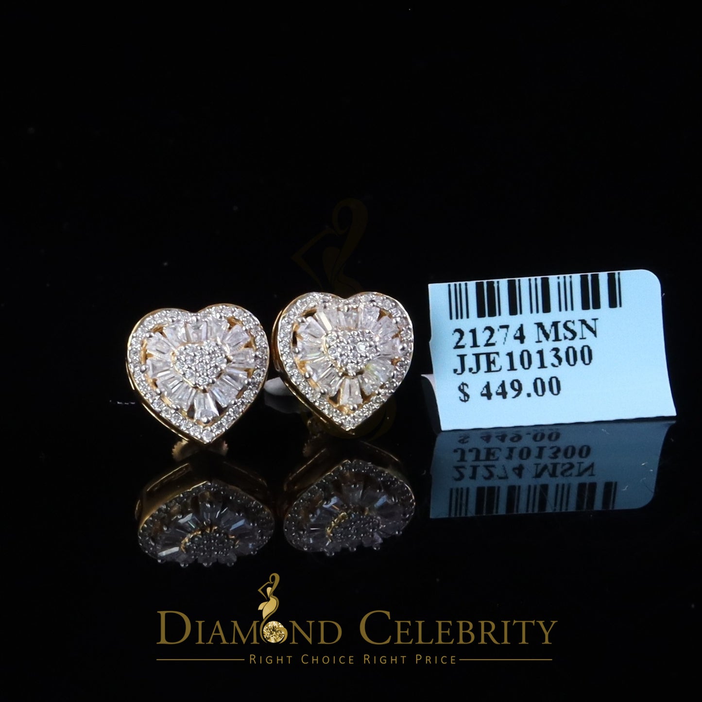 DiamondCelebritees 925 Yellow Silver 1.00ct VVS 'D' Baguette Moissanite Stud Earring Men's/Womens