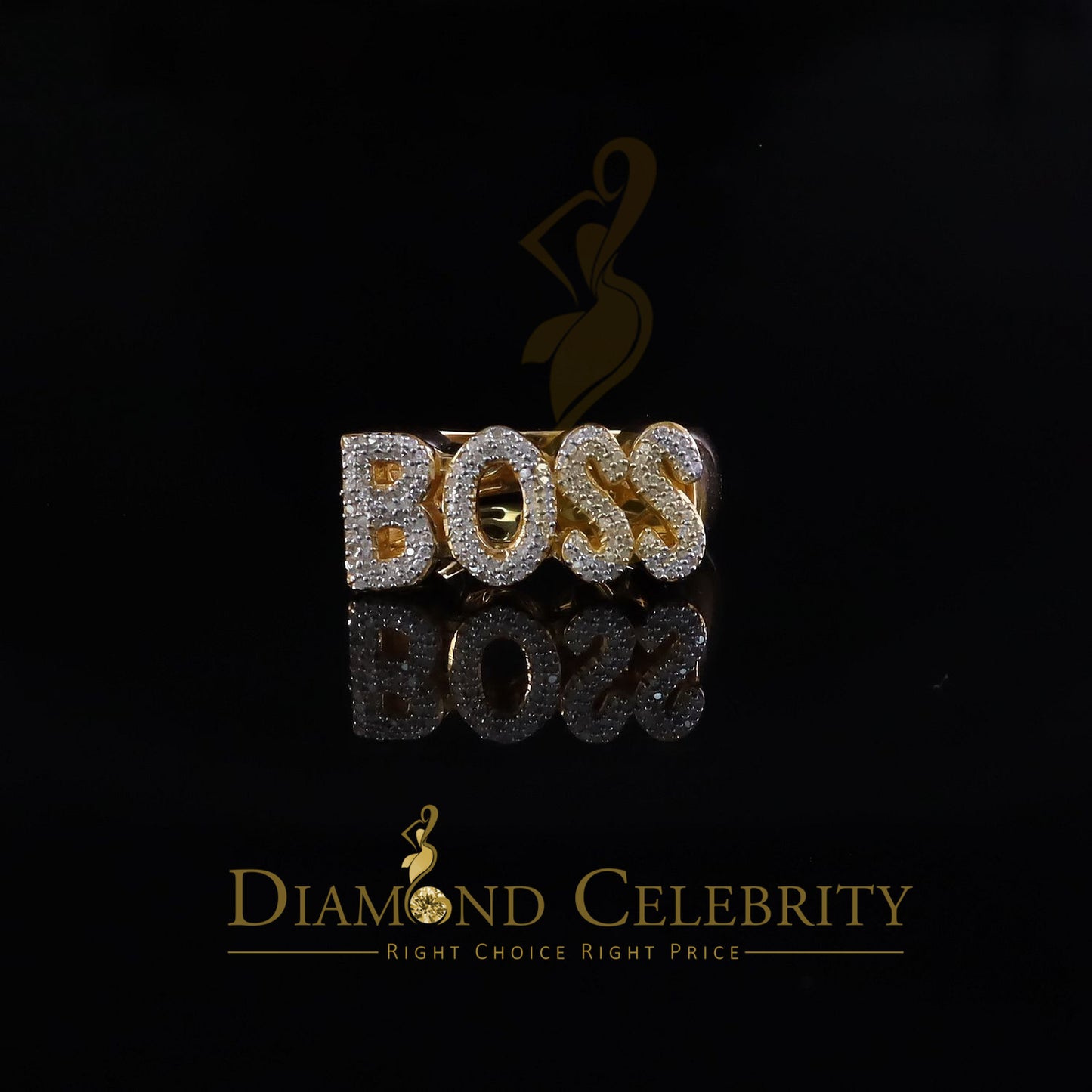 DiamondCelebritees Stylish "BOSS" 925 Silver Yellow 0.50ct Micro Real Diamond Men's Band Ring SZ 8