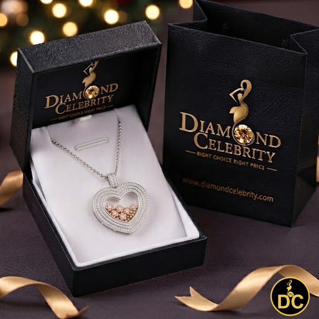 DiamondCelebritees 925 White Silver Heart Floating Flower /Bead in a Glass Cubic Zirconia Pendant