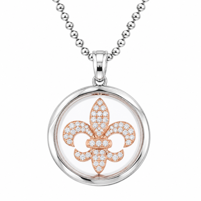 DiamondCelebritees 925 White Sterling Silver Fleur-de-Lis Floating Glass 1ct Cubic Zircon Pendant