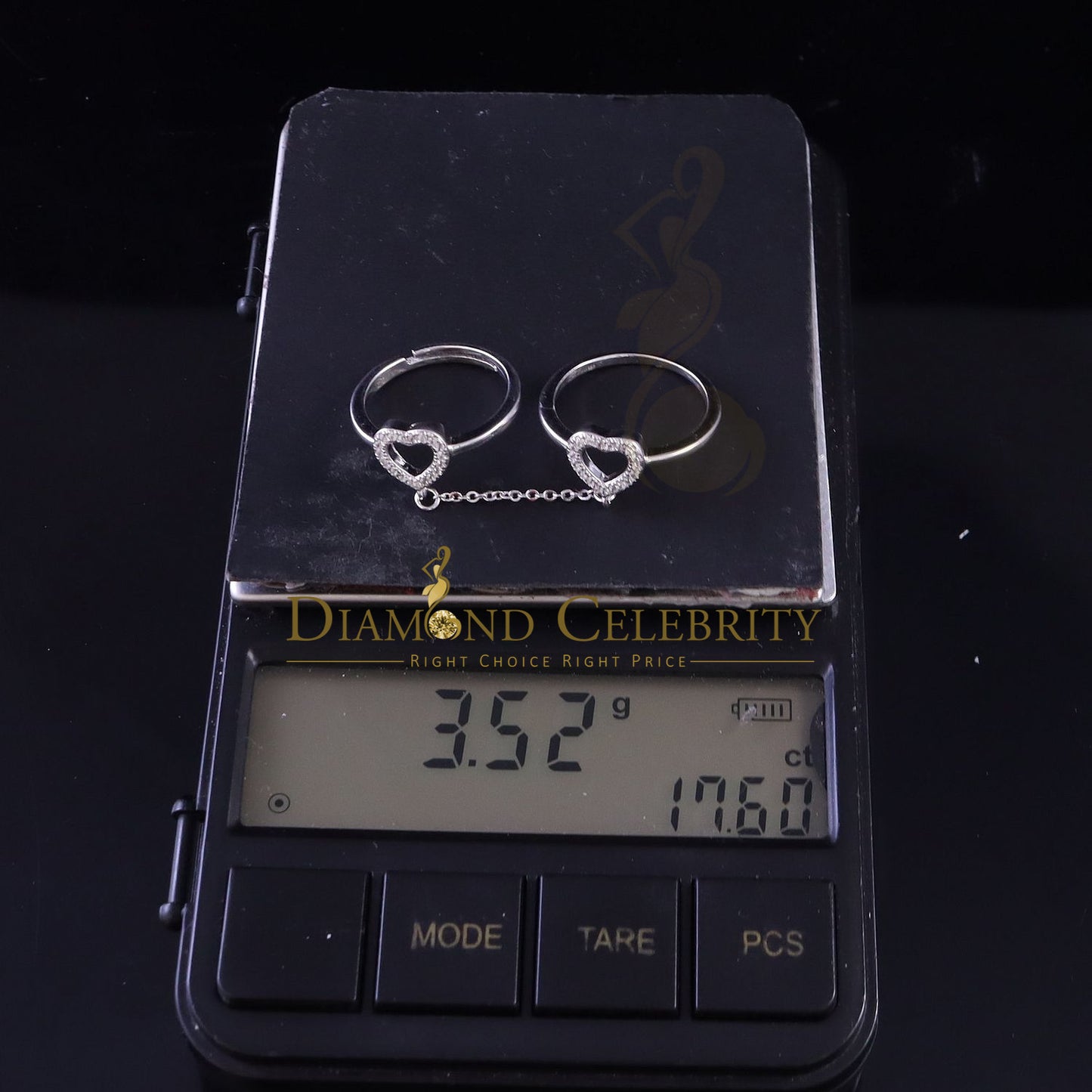 DiamondCelebritees Sterling White Silver 0.50ct Cubic Zirconia Heart Rings W/Connected Chain Size 6