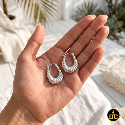 925 Silver 14mm Textured U-hoop or shrimp-style earrings with a ribbed pattern