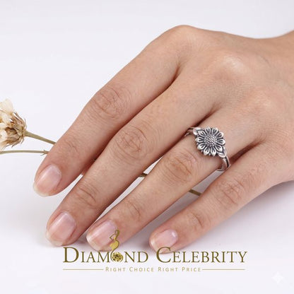 DiamondCelebritees White 925 Sterling Silver Oxidize Sunflower Spilt Shank Women's Ring SZ 7.5