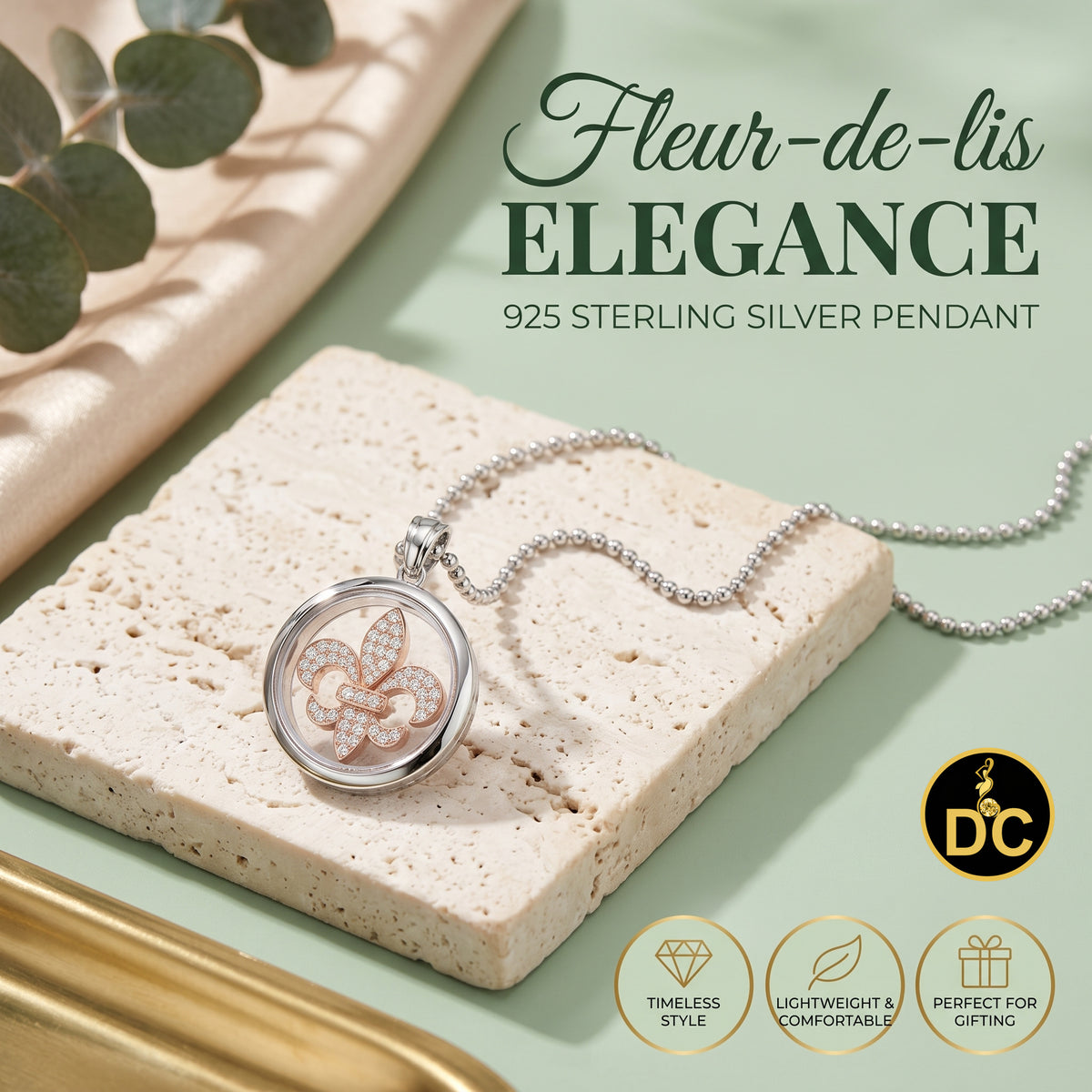DiamondCelebritees 925 White Sterling Silver Fleur-de-Lis Floating Glass 1ct Cubic Zircon Pendant
