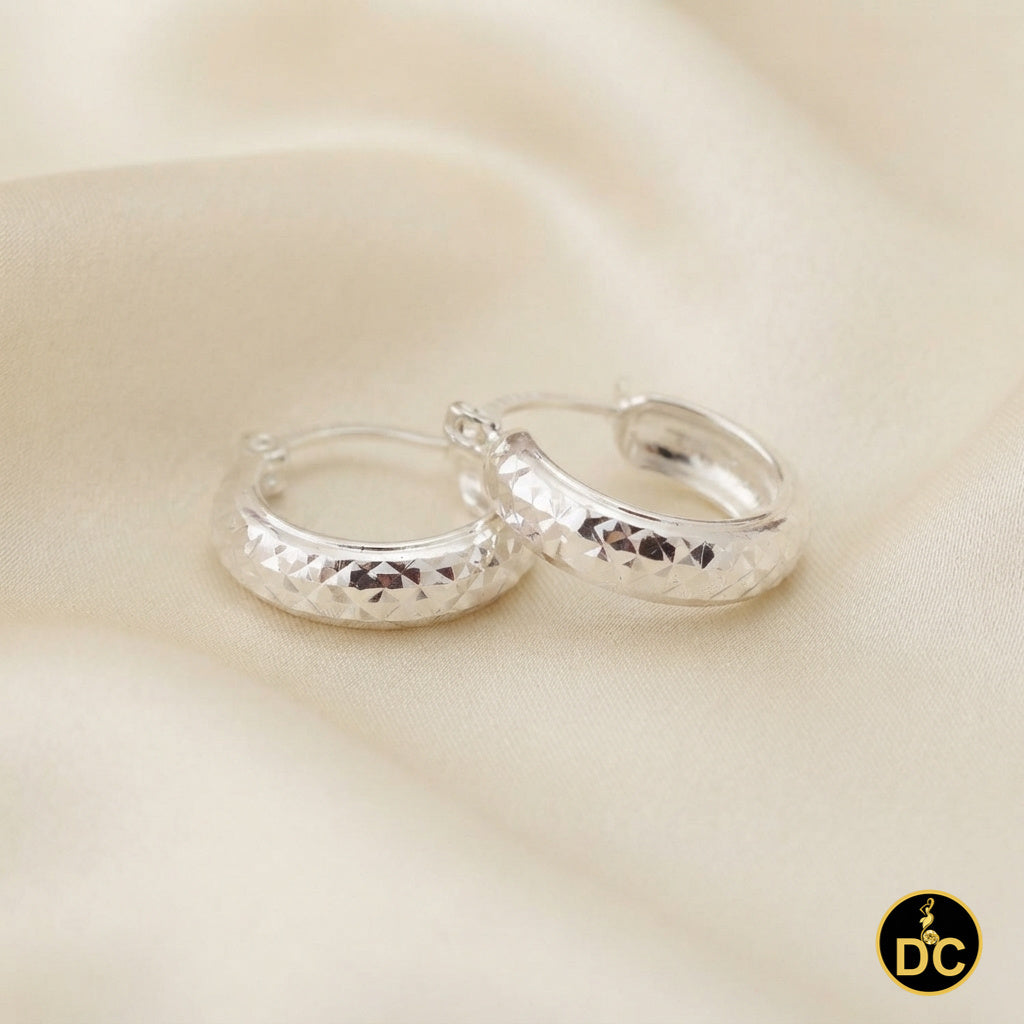 925 Sterling Silver Shiny Diamond-Cut Wide Reflective Textured 15mm Hoop Earring