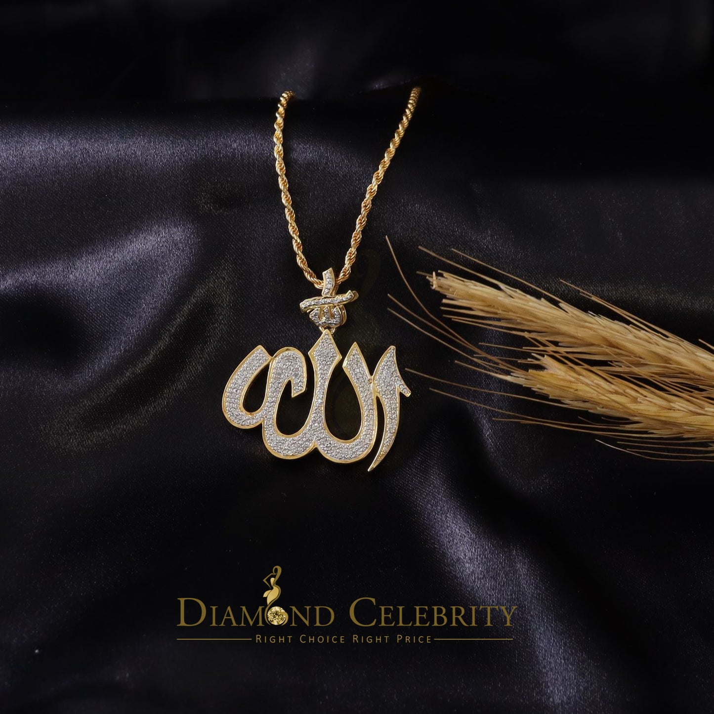 DiamondCelebritees  Real 0.25ct Diamond Sterling Silver ALLAH Charm Necklace Pendant in Yellow