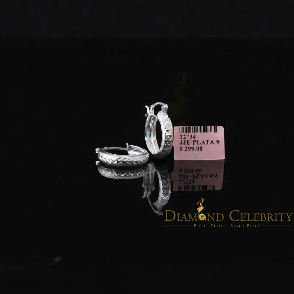 925 Sterling Silver Shiny Diamond-Cut Wide Reflective Textured 18mm Hoop Earring