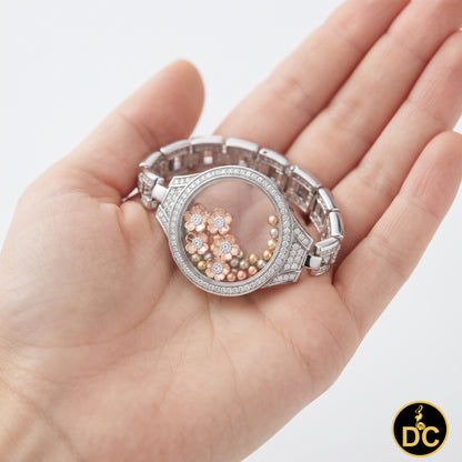 Diamondcelebritees 925 White Sterling Silver Floating Flower Glass / Beads CZ Watch Style Bracelet