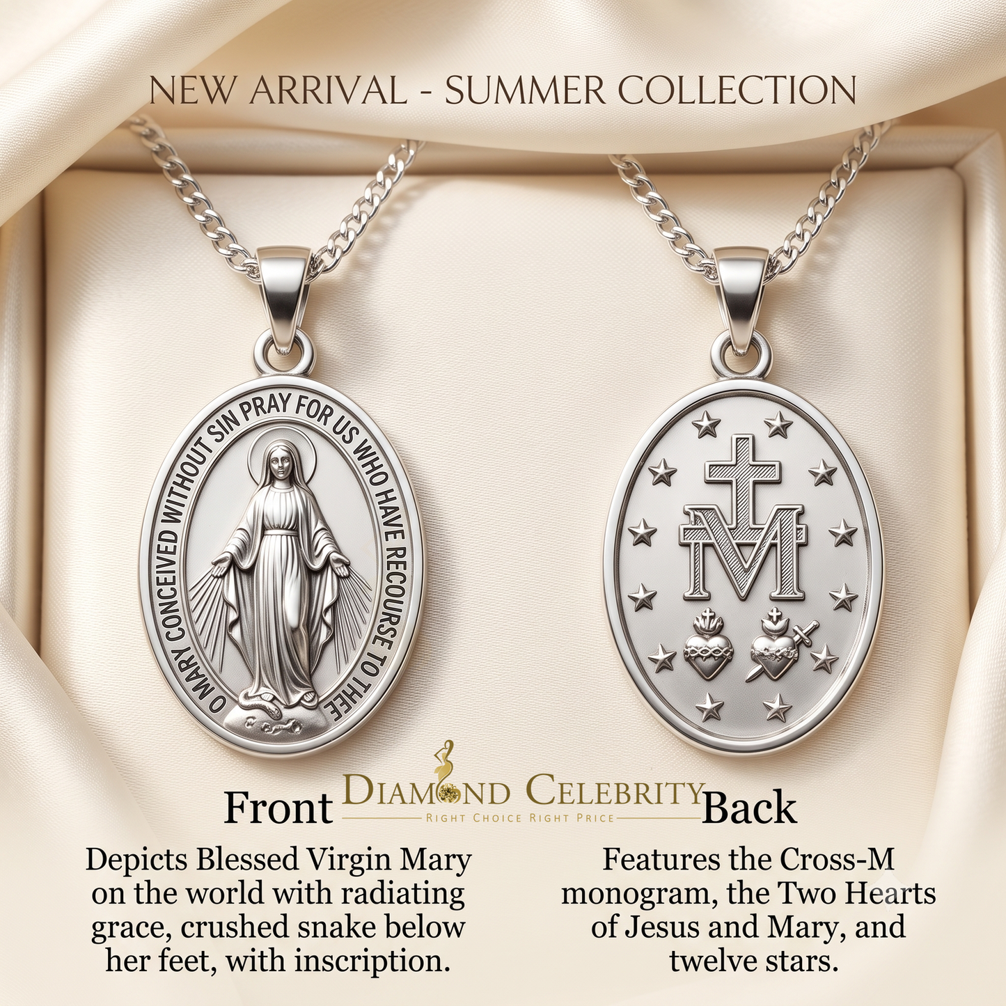 DiamondCelebritees 925 Sterling Silver Double Side Oval Milagrosa Men/Women Pendant White Religious