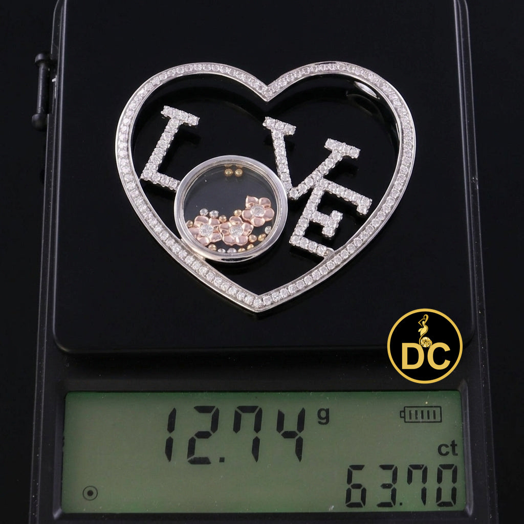 DiamondCelebritees 925 White Sterling Silver LOVE IN HEART Floating Bead Glass CZ Slide Pendant