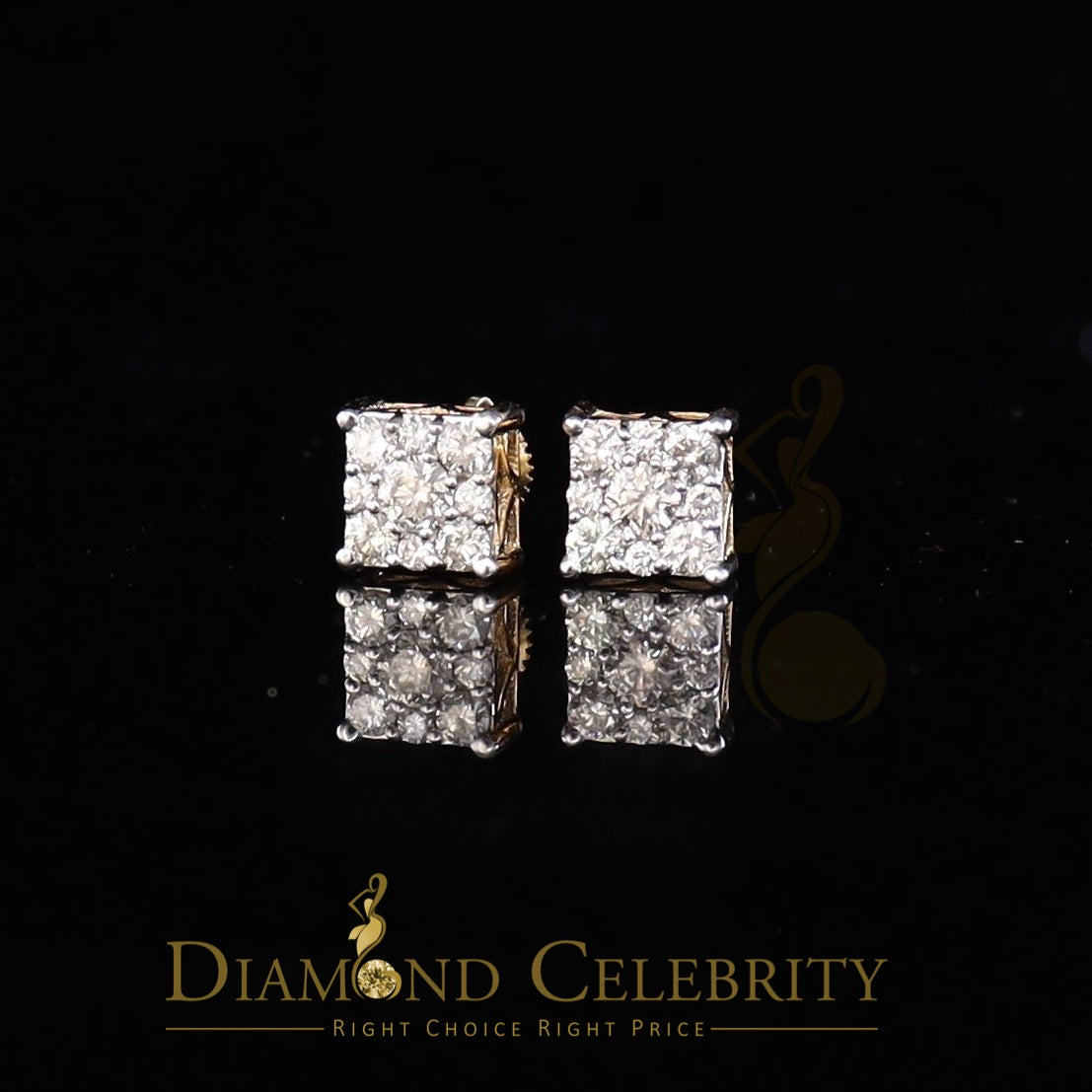 DiamondCelebritees 10K Real Yellow Gold with Real 1.50ct Diamonds Square Stud Earrings