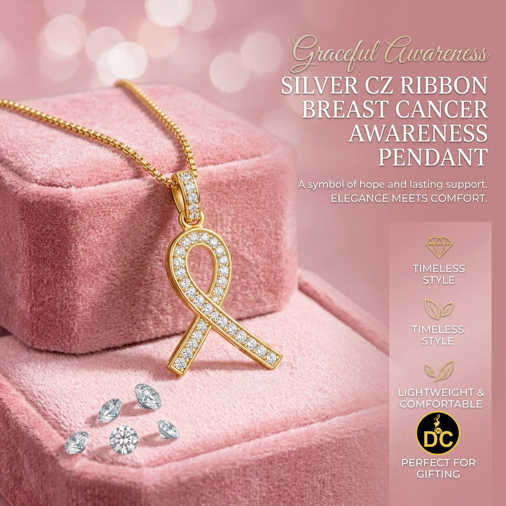 DiamondCelebritees 925 Silver Yellow Clear 0.50ct CZ Hope Ribbon Pendant for Breast Cancer Supports