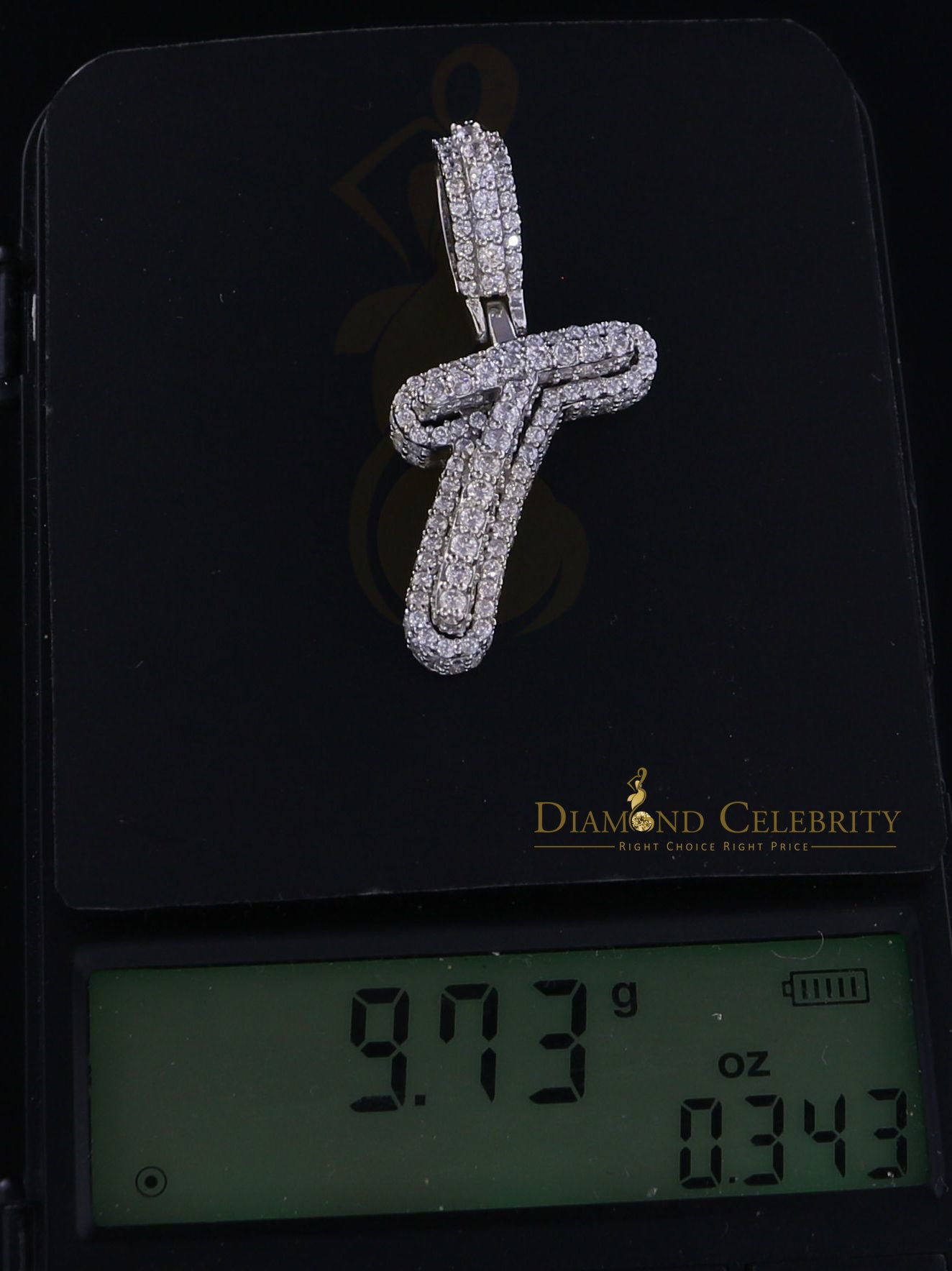 DiamondCelebritees White Cursive 3D Alphabet Shape 925 Sterling Silver Cubic Zirconia Pendant