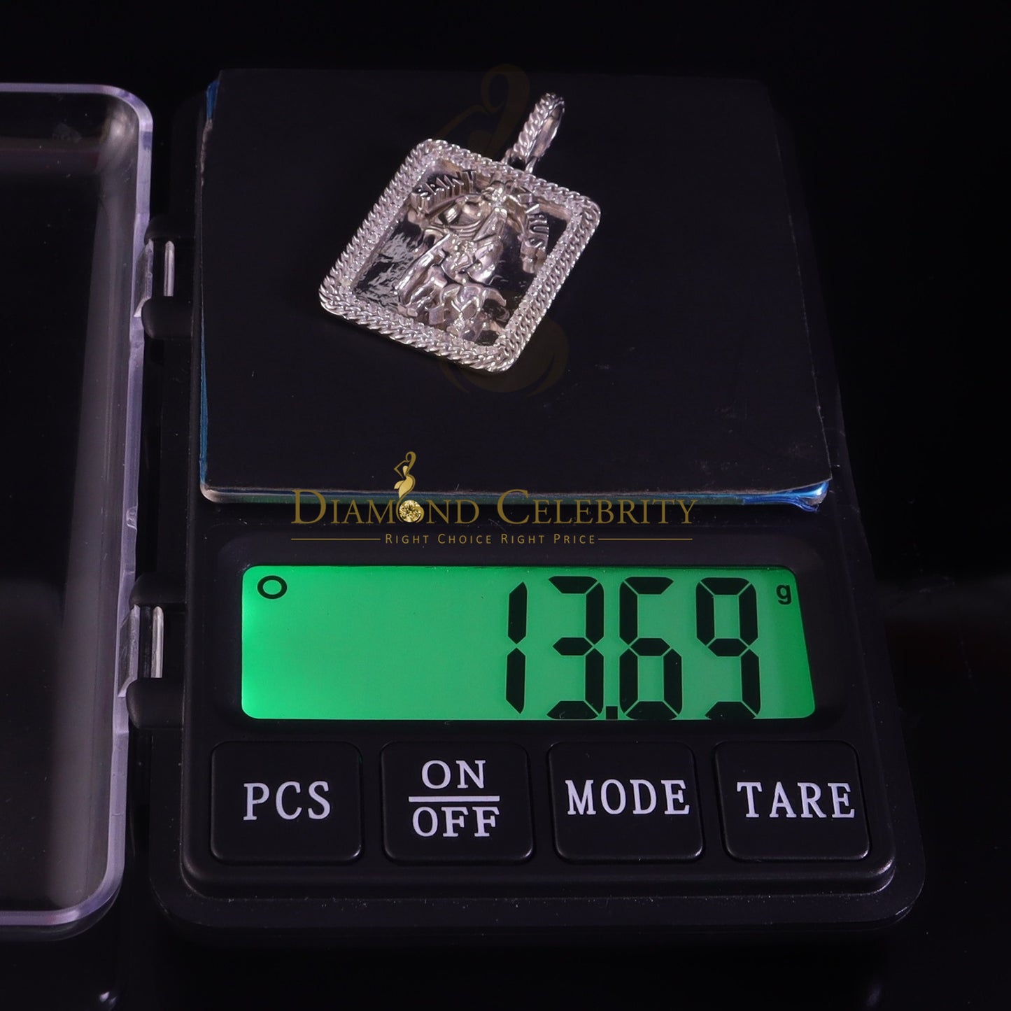 DiamondCelebritees Men's 925 Silver 0.66ct CZ ST LAZARUS "1" inch 3D look White Square Pendant