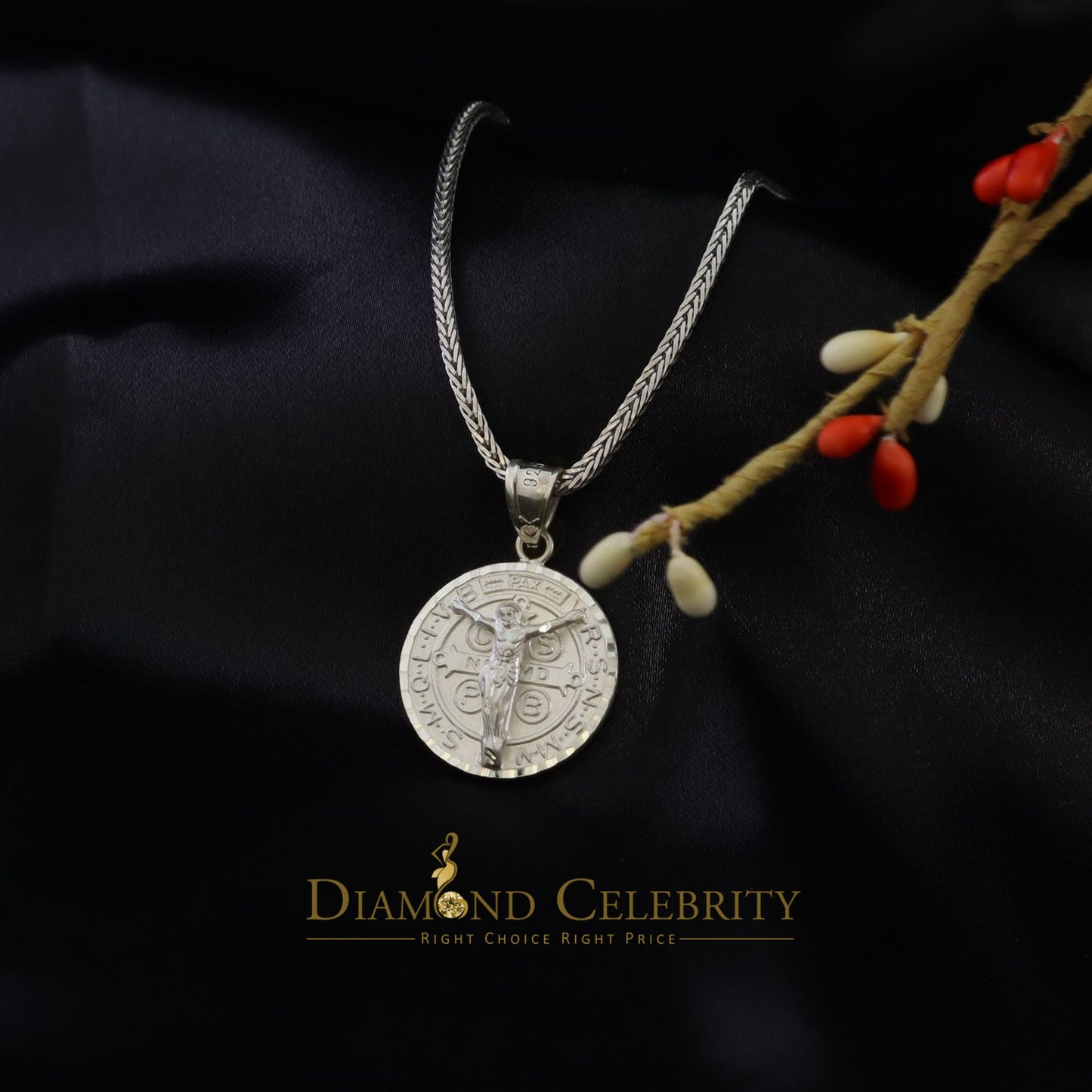 DiamondCelebritees Double Side Jesus Crusification & ST Benadict Men/Women Pendant White 925 Silver