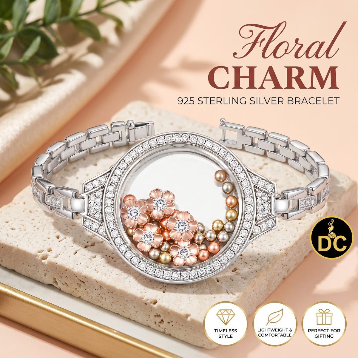 Diamondcelebritees 925 White Sterling Silver Floating Flower Glass / Beads CZ Watch Style Bracelet