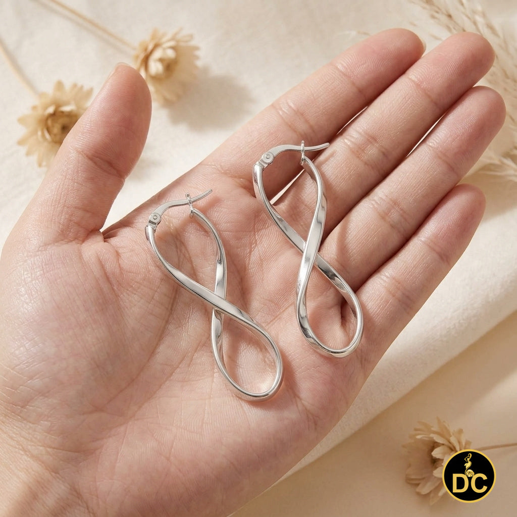 925 Silver Twisted Figure 8 Infinity symbol/crazy 8 silhouette 35mm Hoop Earring
