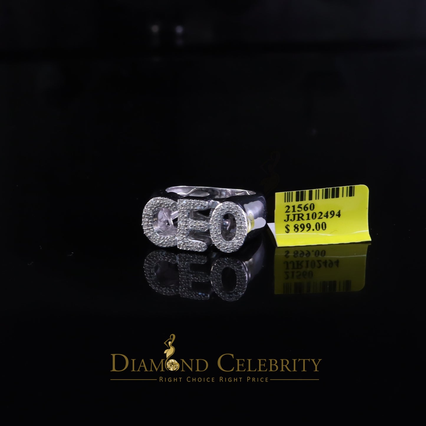 DiamondCelebritees Stylish 925 White Silver 0.40ct Real Micro Diamond Men's "CEO" word Ring SZ 8