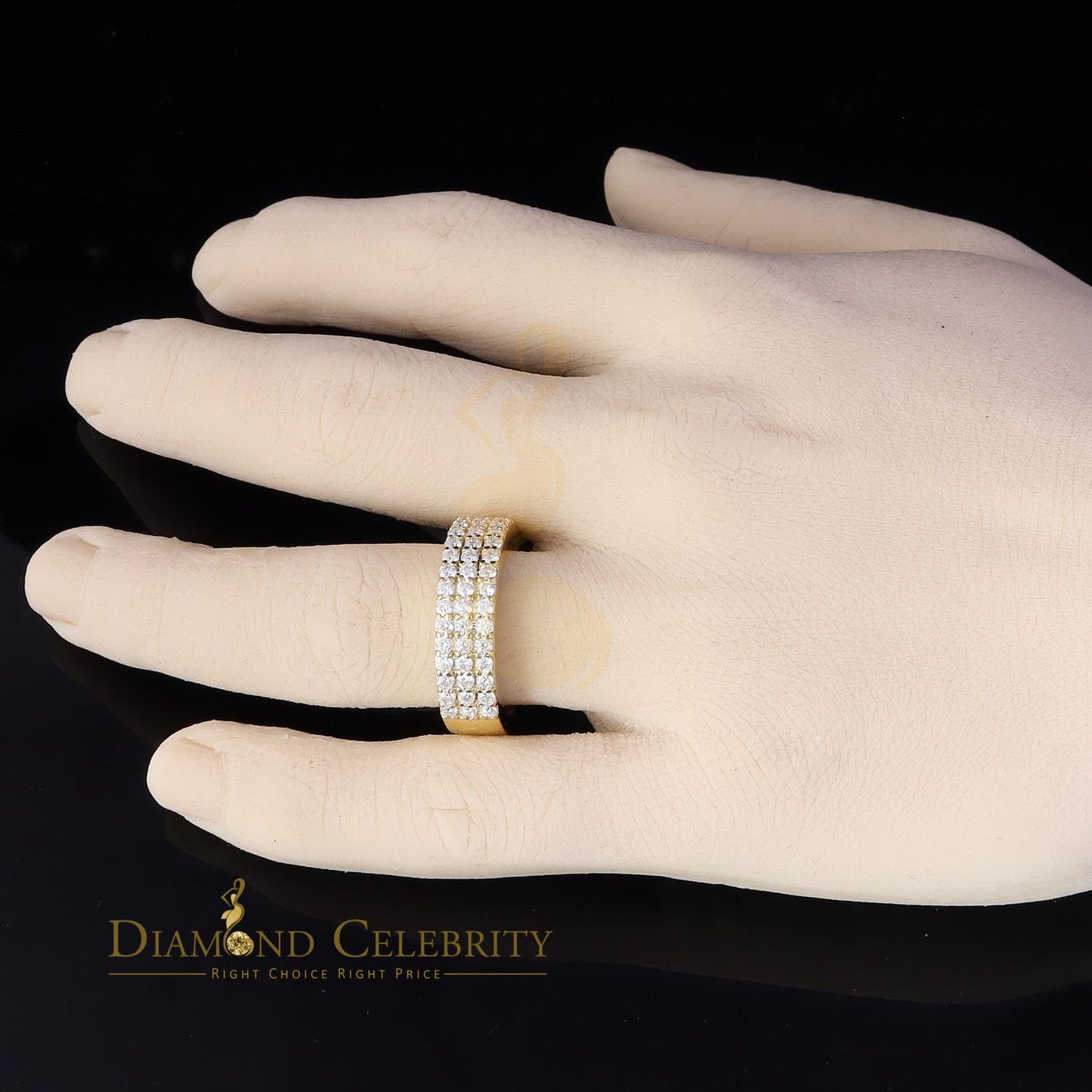 DiamondCelebritees Men's 925 Silver Yellow 2.00ct VVS D Moissanite 3 Row Wedding Band Ring Size 10