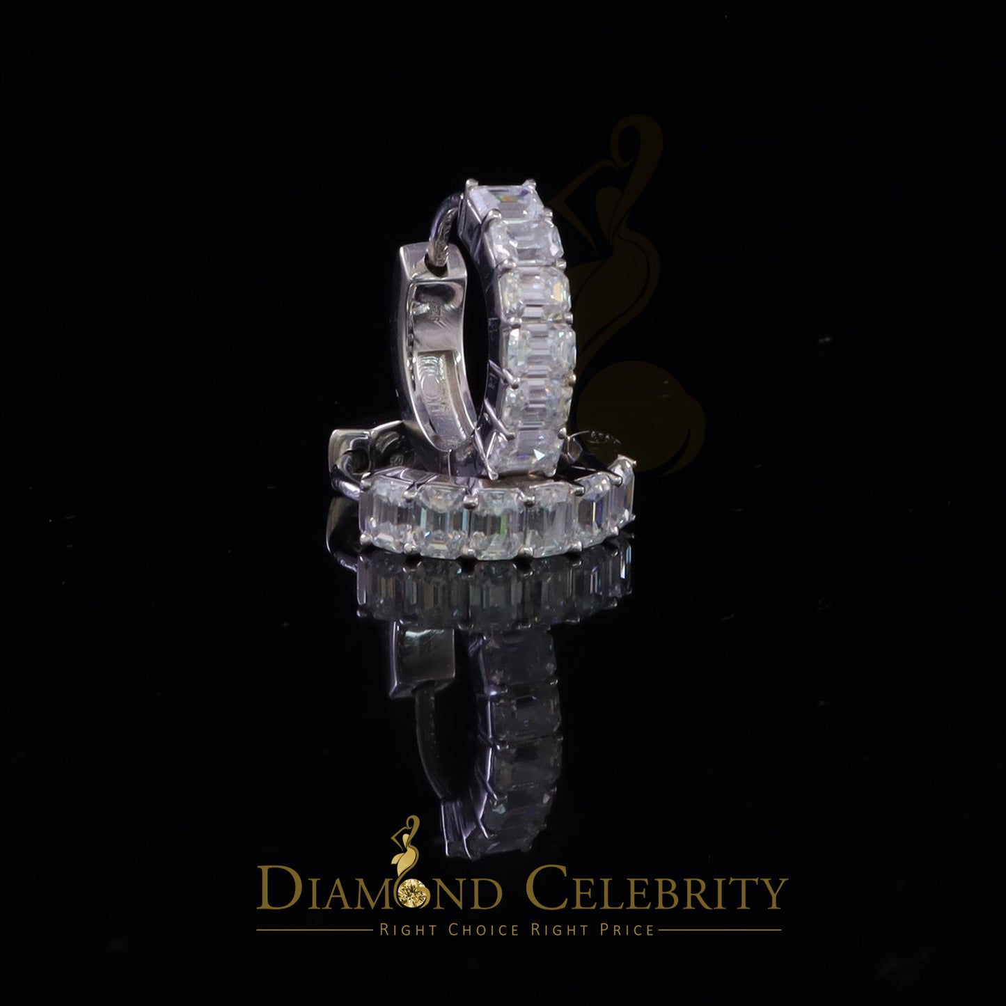 Diamondcelebritees 3.00ct Moissanite Emerald cut White 925 Sterling Silver Women's Hoop Earrings